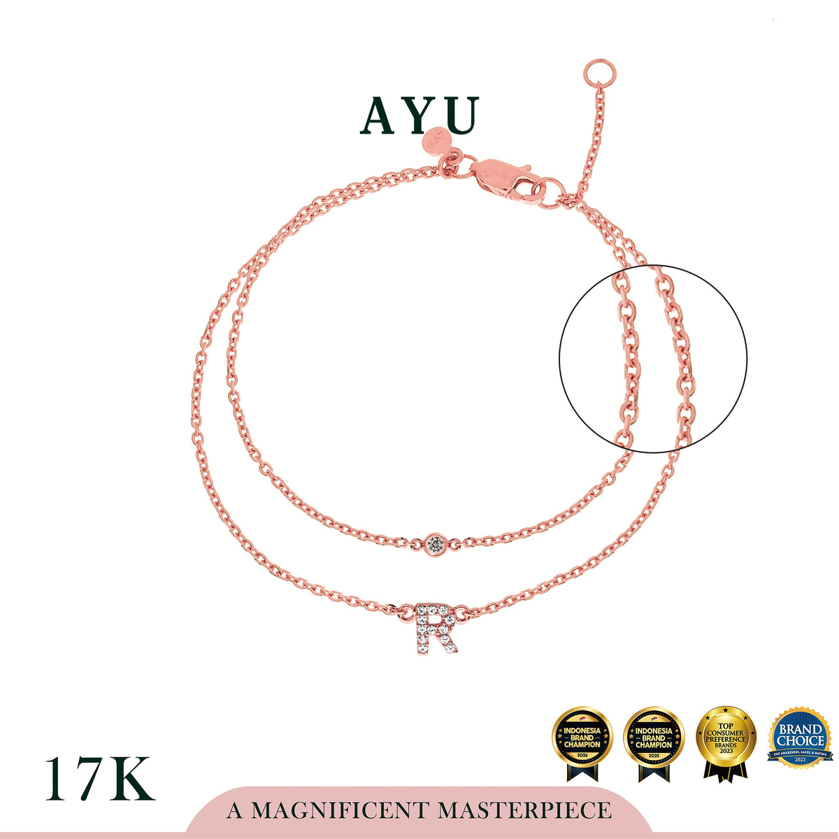 AYU Gelang Emas - Pave Initial Double Layer With Bezel Chain Bracelet 17k Rose Gold