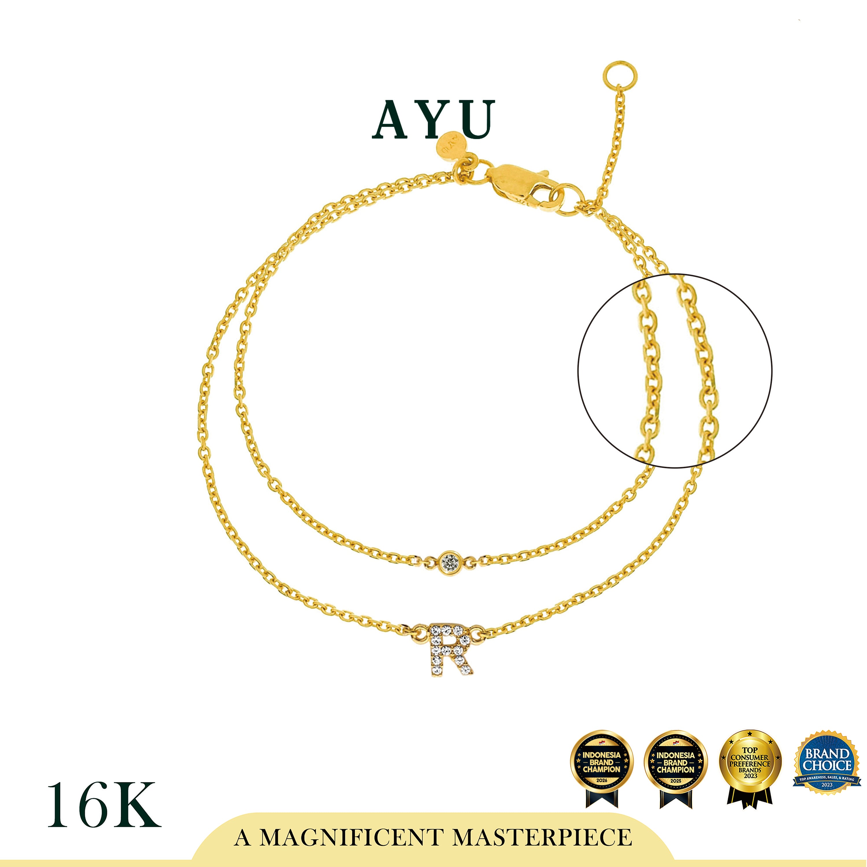 AYU Gelang Emas - Pave Initial Double Layer With Bezel Chain Bracelet 16K Yellow Gold