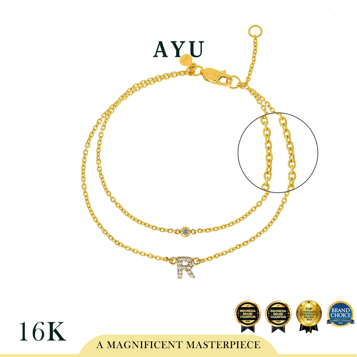 AYU Gelang Emas - Pave Initial Double Layer With Bezel Chain Bracelet 16K Yellow Gold