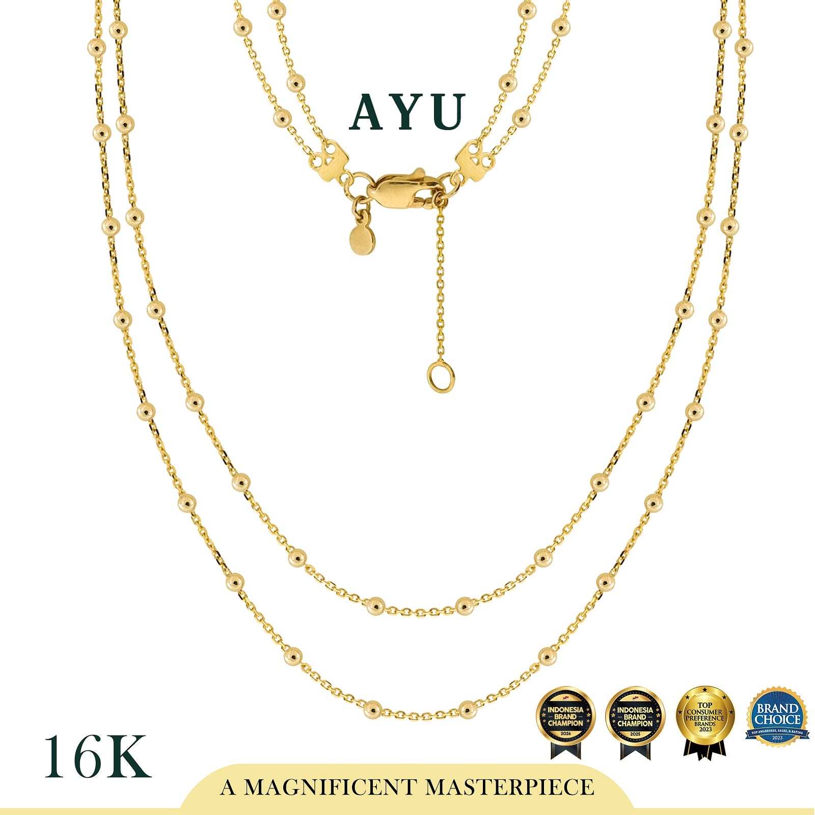 AYU Kalung Emas - Double Layer Spaced Mini Boba Necklace 16k Yellow Gold