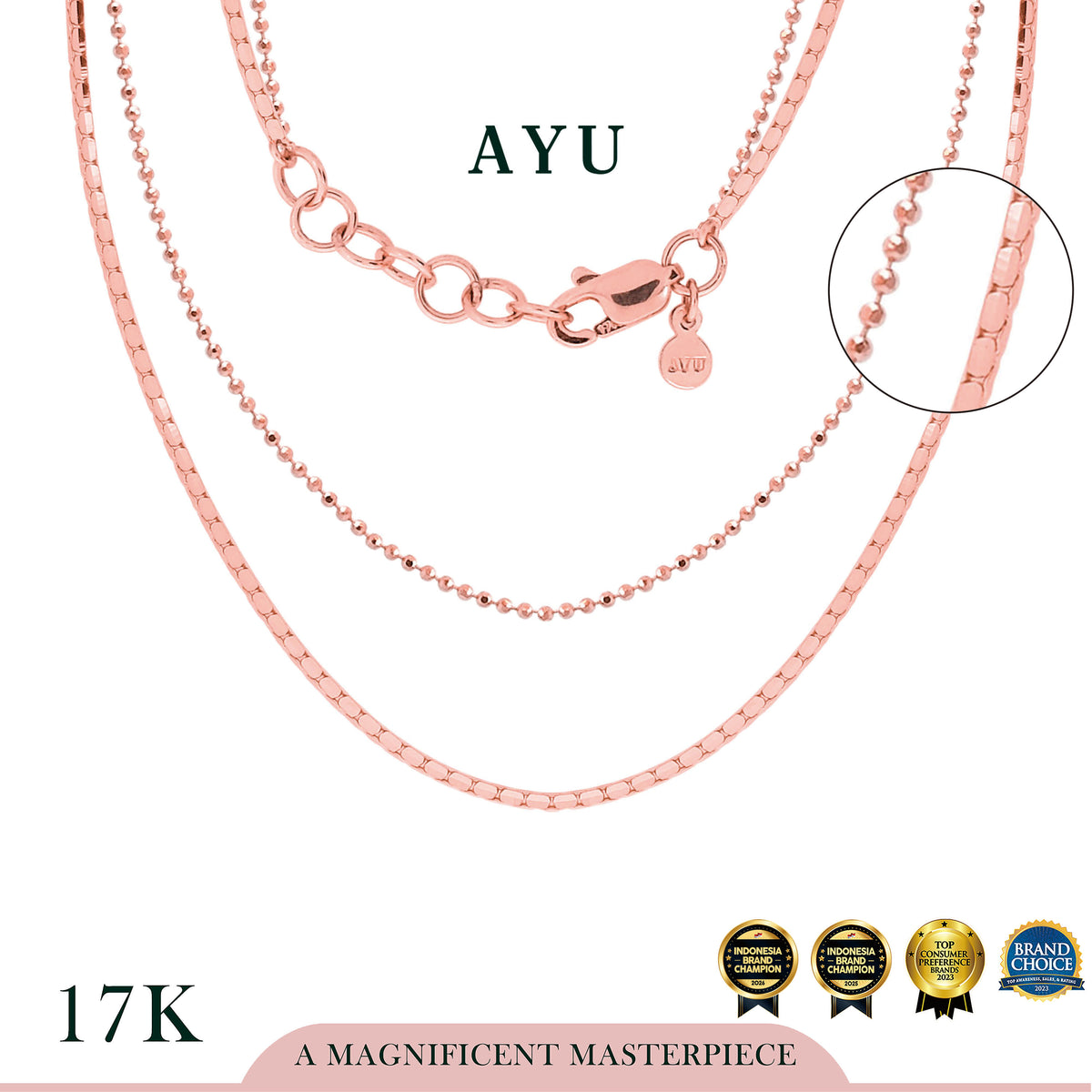 AYU Kalung Emas - Double Layer Box Chain And Mini Pepper Beads Chain Necklace 17k Rose Gold