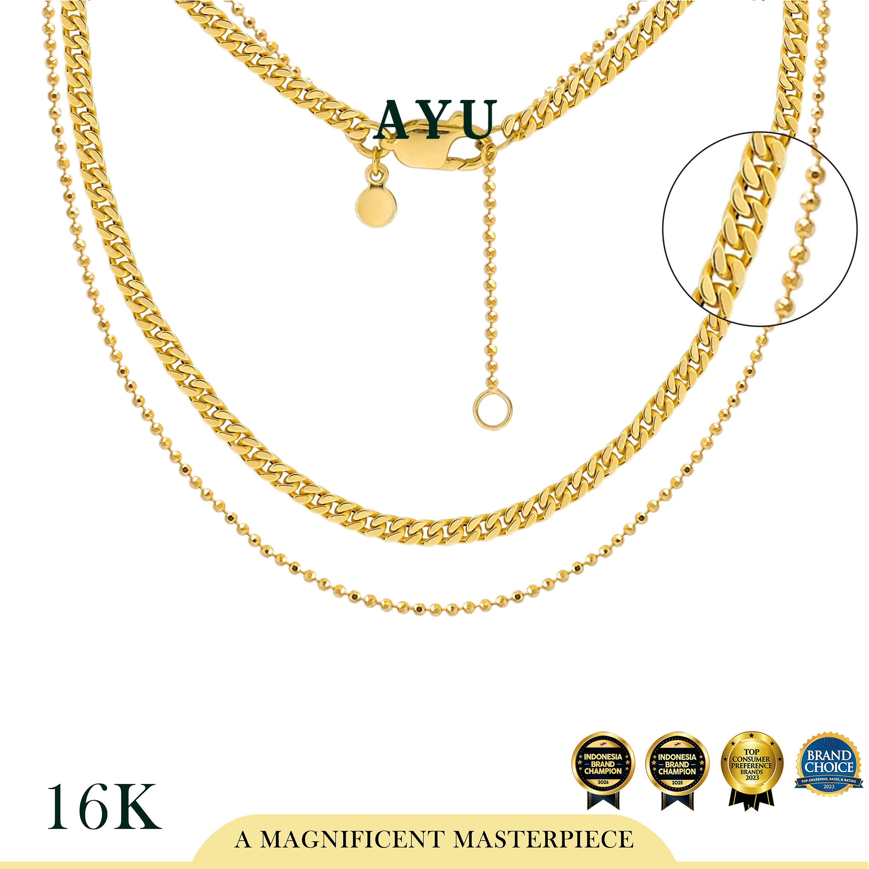 AYU Kalung Emas - Double Layer Cuban And Mini Peper Chain Necklace 16K Yellow Gold