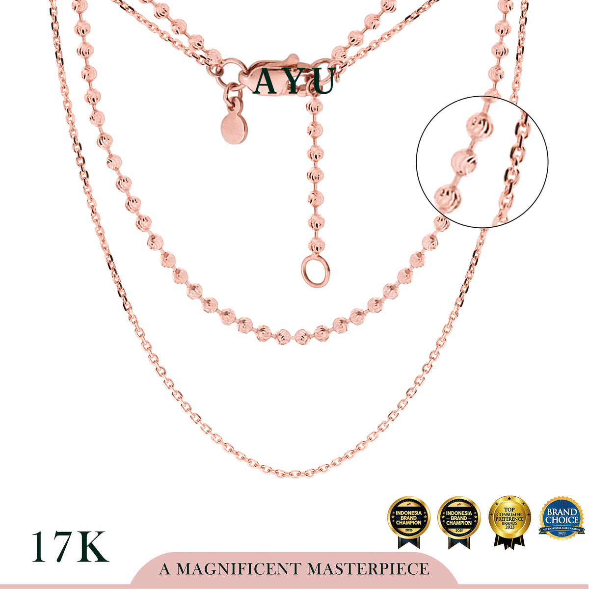 AYU Kalung Emas - Double Layer Pepper Beads And Trixie Chain Necklace 17k Rose Gold