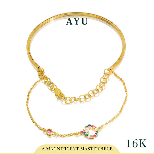 AYU Gelang Emas - Duo Initial Bangle Rainbow Pink Bezel Stone 16K Yellow Gold