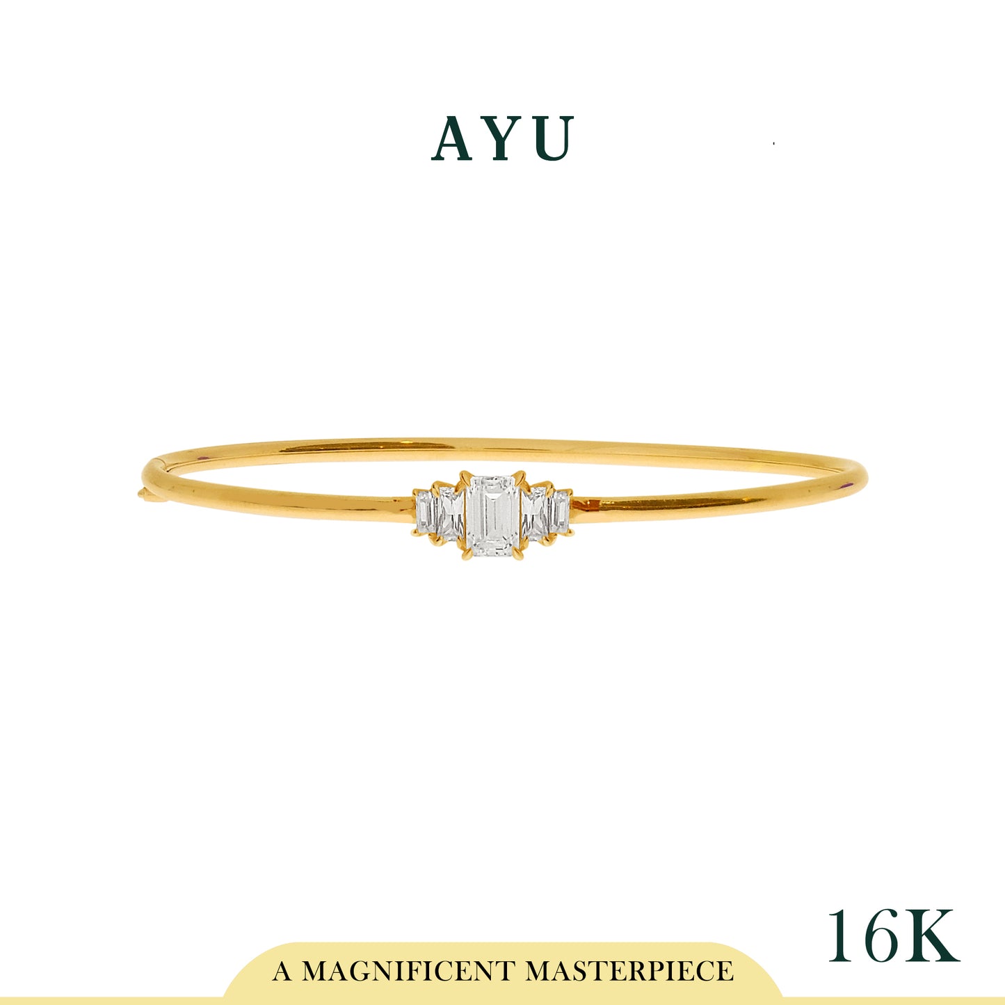 AYU Gelang Emas - Emerald Cut Solitaire With Baguette Side Stone Bangle 16K Yellow Gold