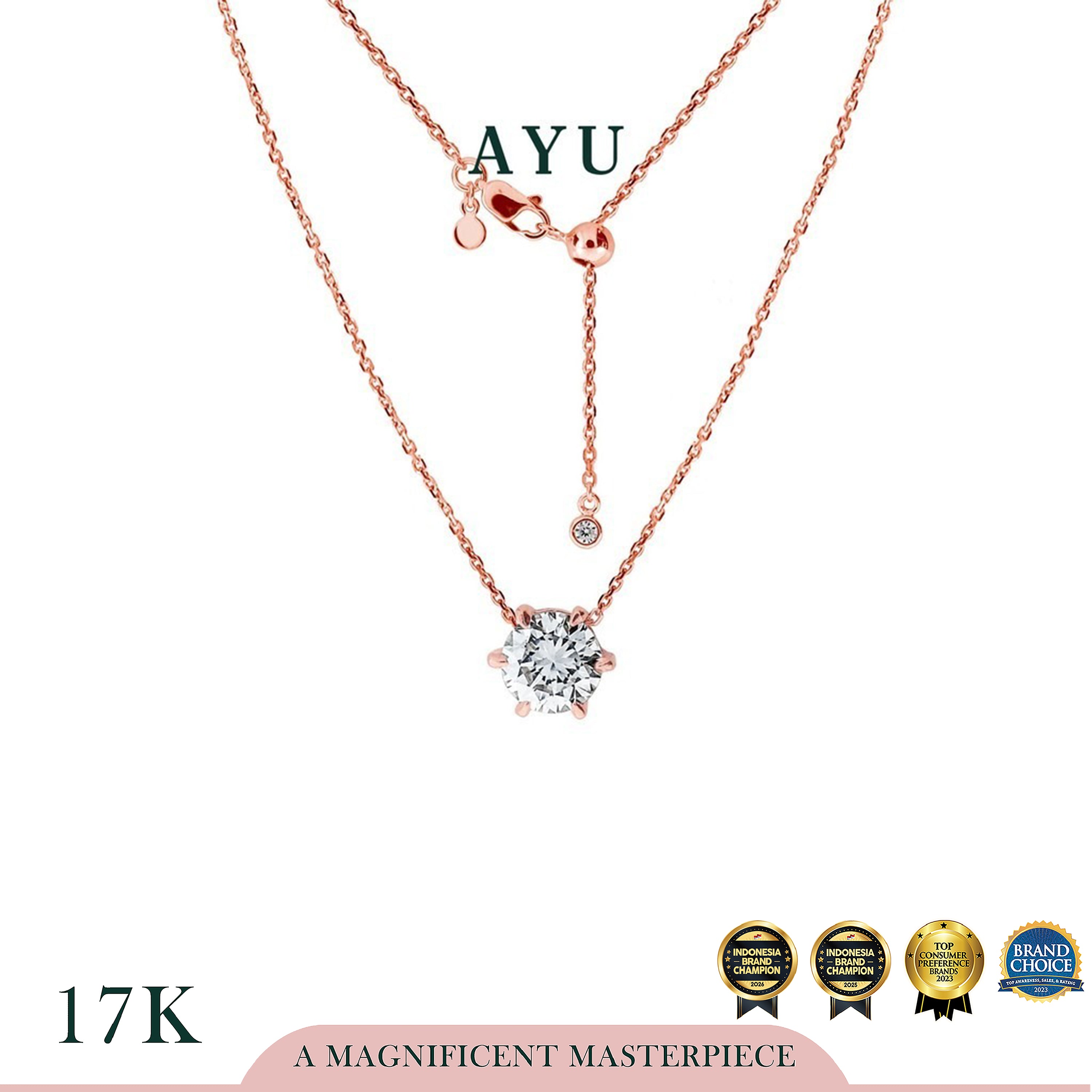 AYU Kalung Emas - Gigi Glam 6 Prong With Adjustable Chain Necklace 17k Rose Gold
