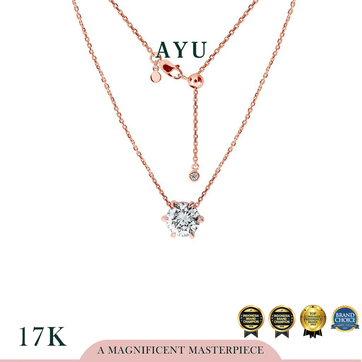 AYU Kalung Emas - Gigi Glam 6 Prong With Adjustable Chain Necklace 17k Rose Gold