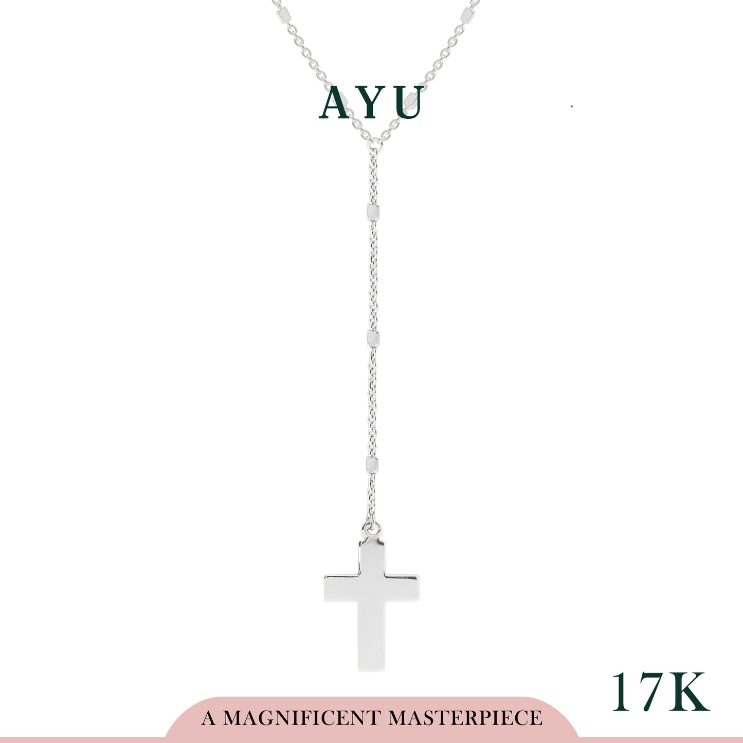 AYU Kalung Emas - Gold Cross Lariat With Bling Beads Chain Necklace 17K White Gold