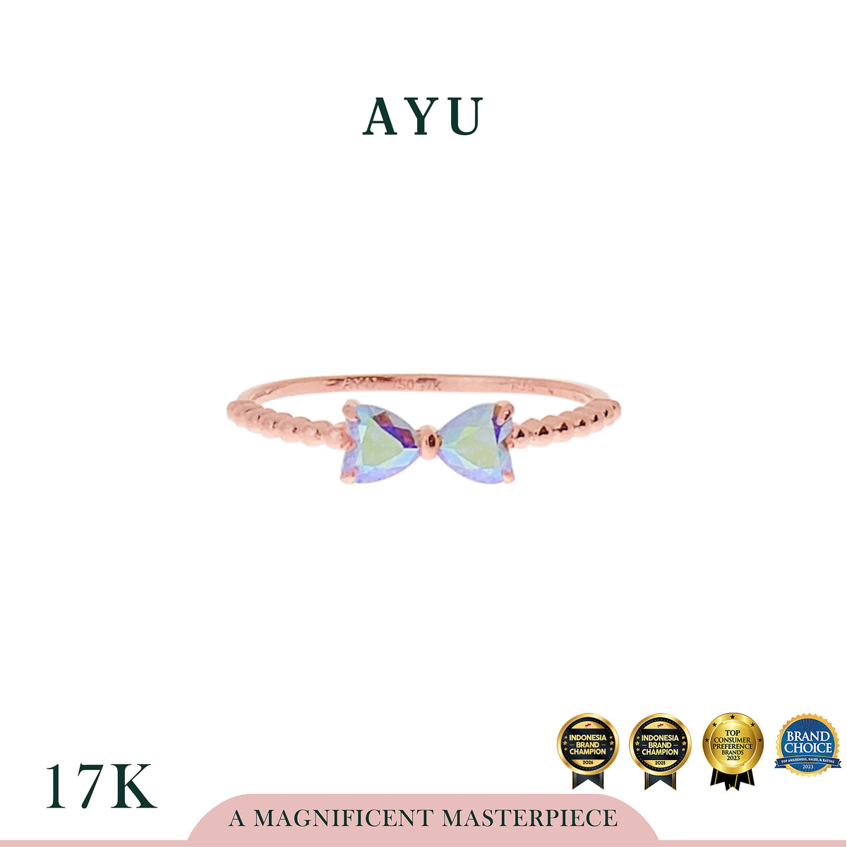 AYU Cincin Emas - Magical Bow Hearts With Beaded Ring 17K Rose Gold