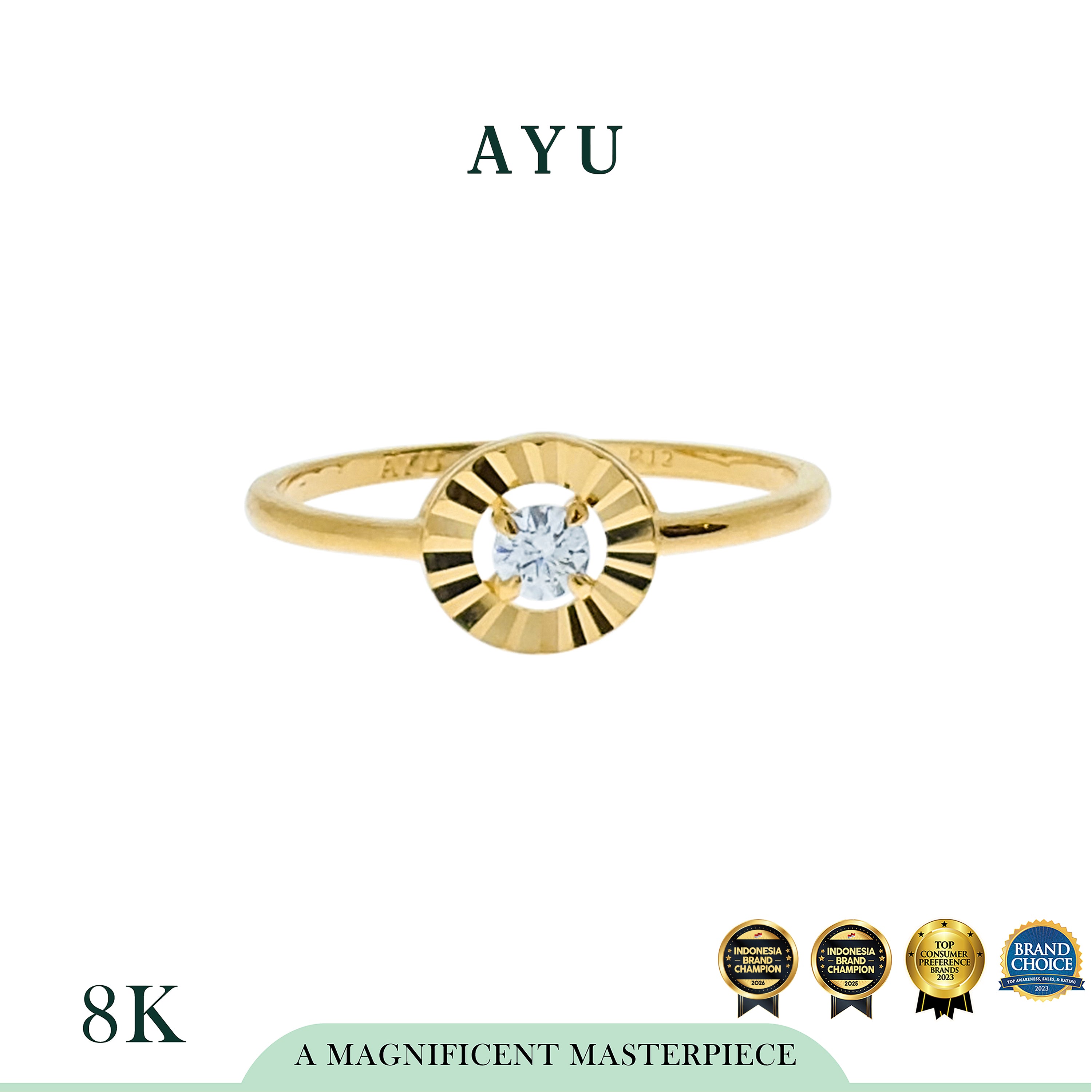 AYU Cincin Emas - Mini Round Solitaire Halo Bling Ring 8K Yellow Gold