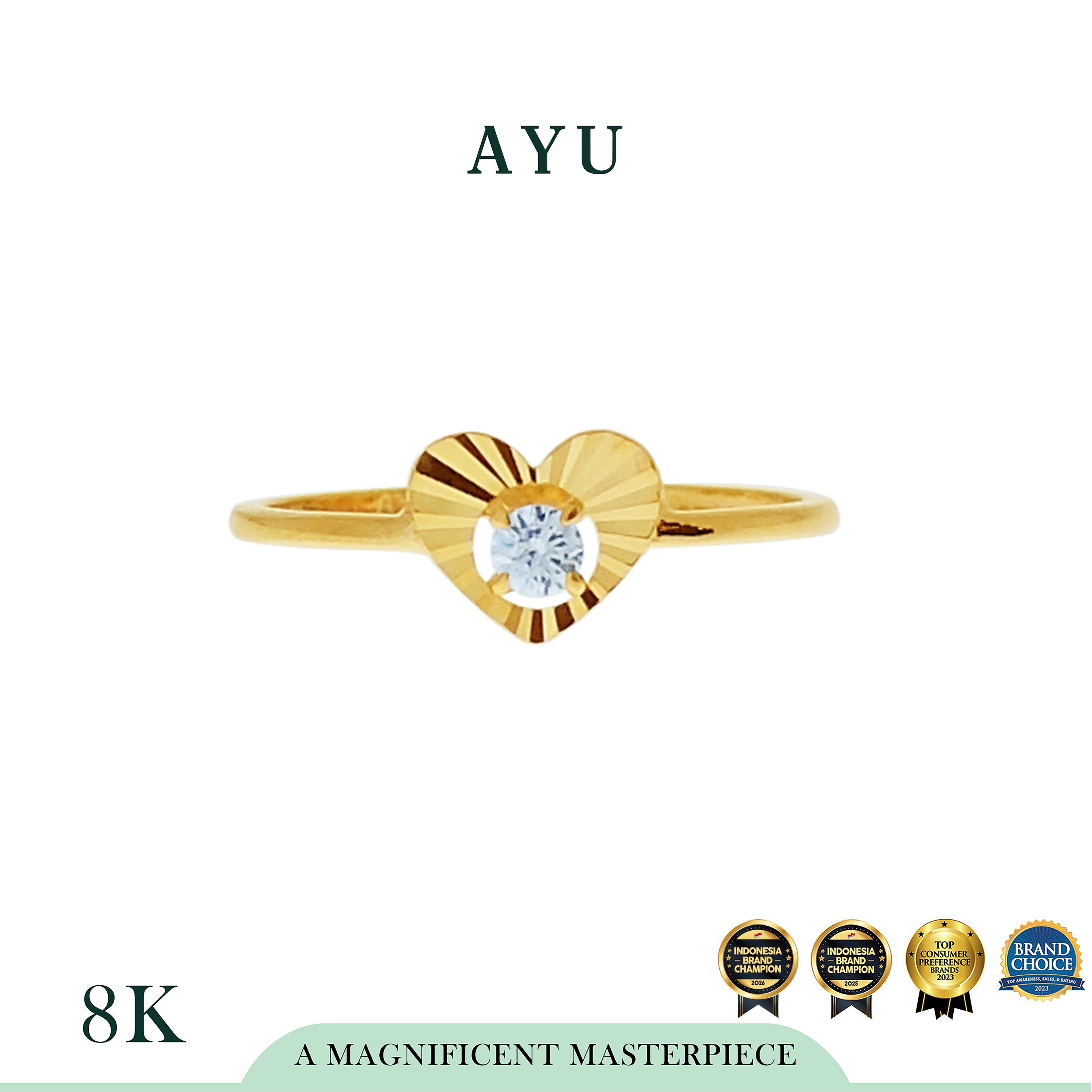 AYU Cincin Emas - Mini Round Solitaire Heart Halo Bling Ring 8K Yellow Gold