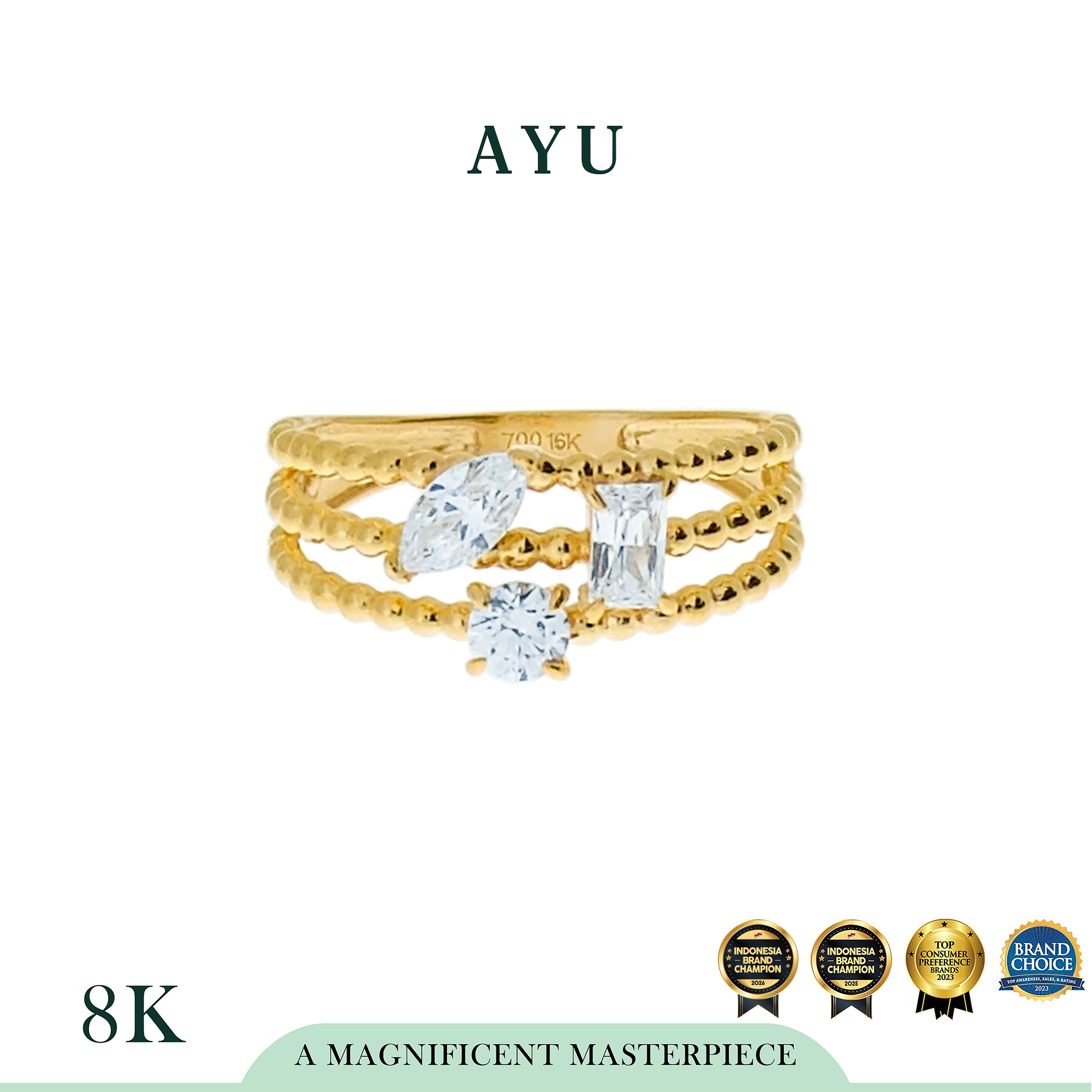 AYU Cincin Emas - Multi Shape 3 Layer Pepper Beads Ring 8K Yellow Gold