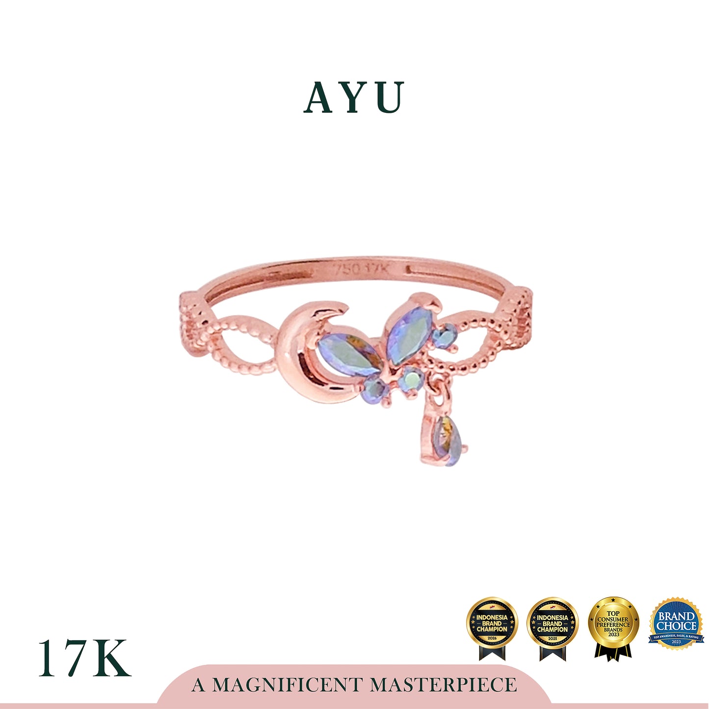 AYU Cincin Emas - Magical Butterfly On The Moon Ring 17K Rose Gold