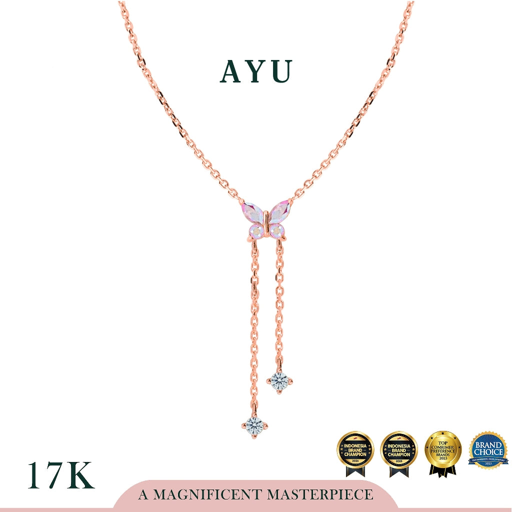 AYU Kalung Emas - Magical Fluttering Butterfly Lariat Chain Necklace 17k Rose Gold