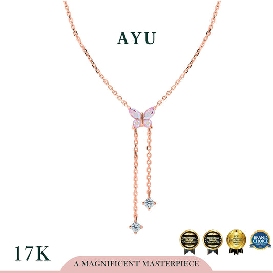 AYU Kalung Emas - Magical Fluttering Butterfly Lariat Chain Necklace 17k Rose Gold
