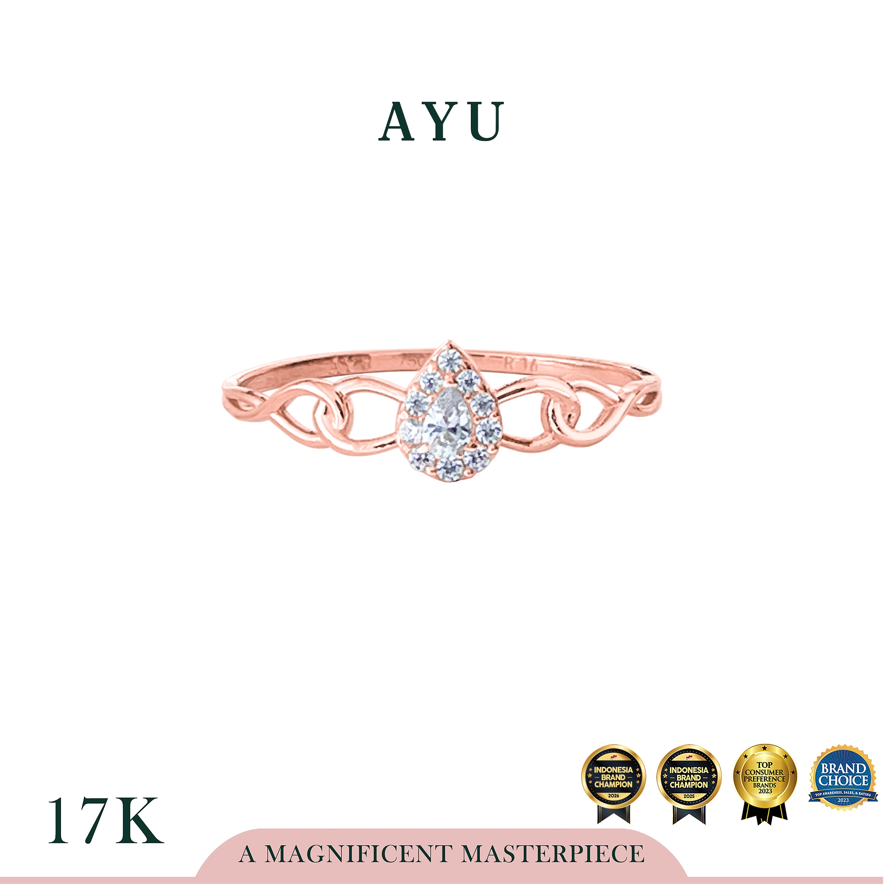 AYU Cincin Emas - Mini Teardrop Halo On A Link Ring 17k Rose Gold