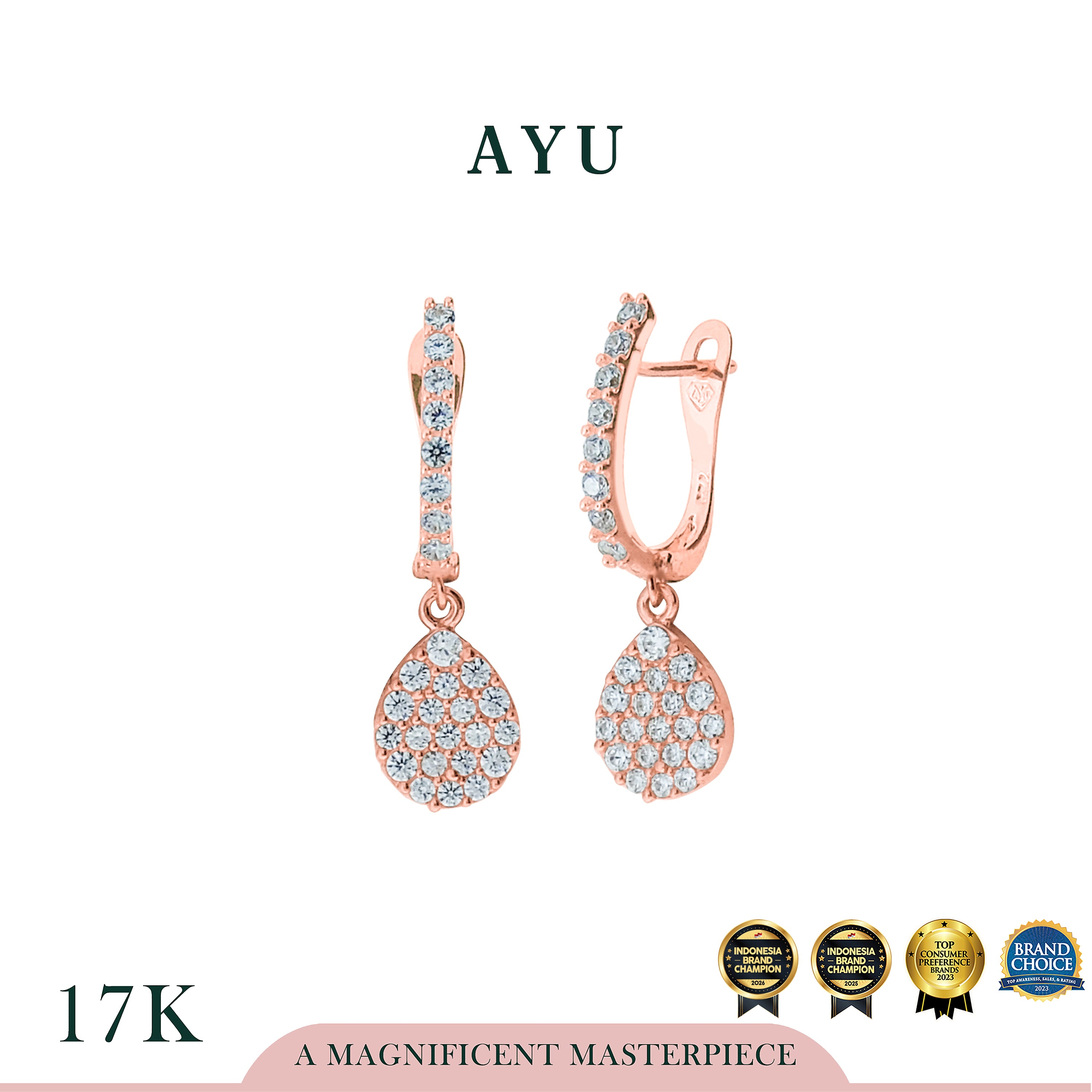 AYU Anting Emas Jepit - Pave Earrings With Mini Pave Teardrop 17K Rose Gold