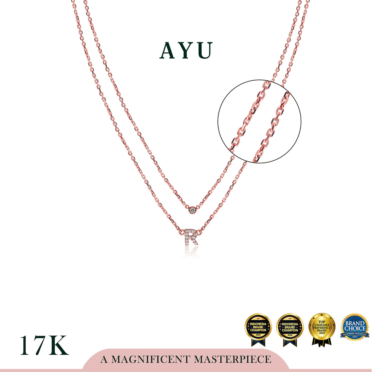 AYU Kalung Emas - Pave Initial Double Layer With Bezel Chain Necklace 17k Rose Gold