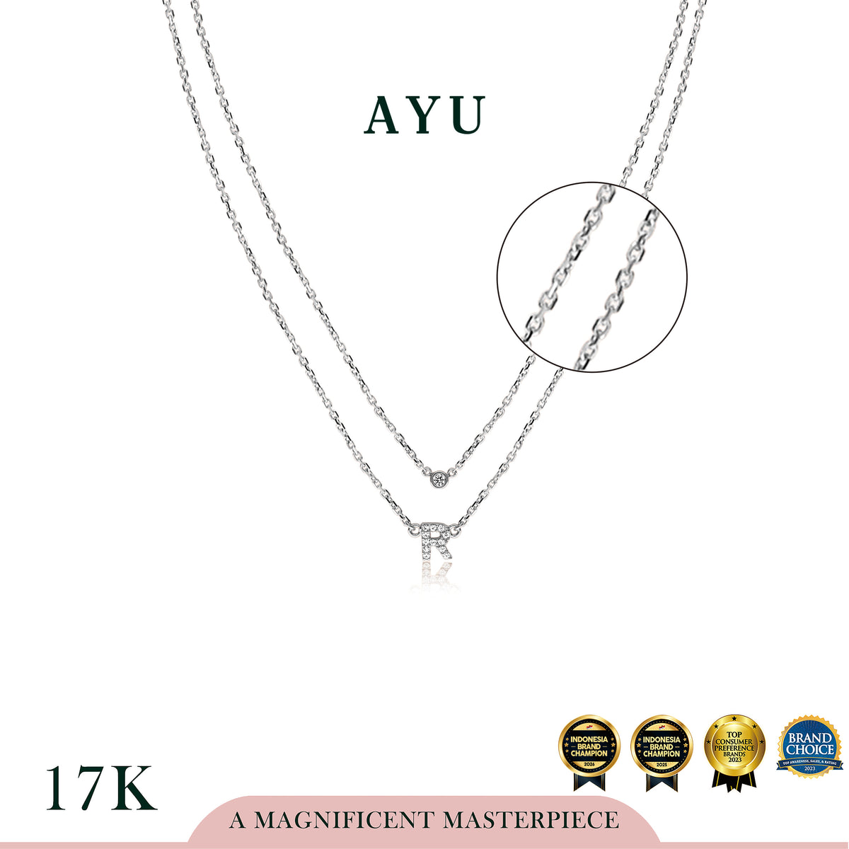 AYU Kalung Emas - Pave Initial Double Layer With Bezel Chain Necklace 17k White Gold