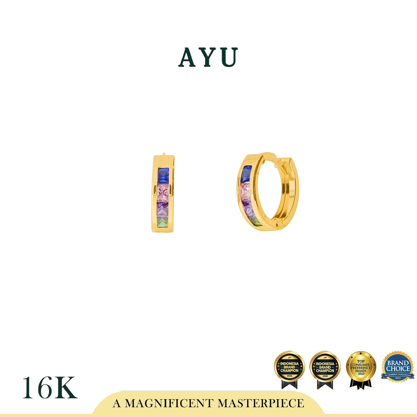 AYU Princess Cut Doughnut Earrings Rainbow 16K Yellow Gold