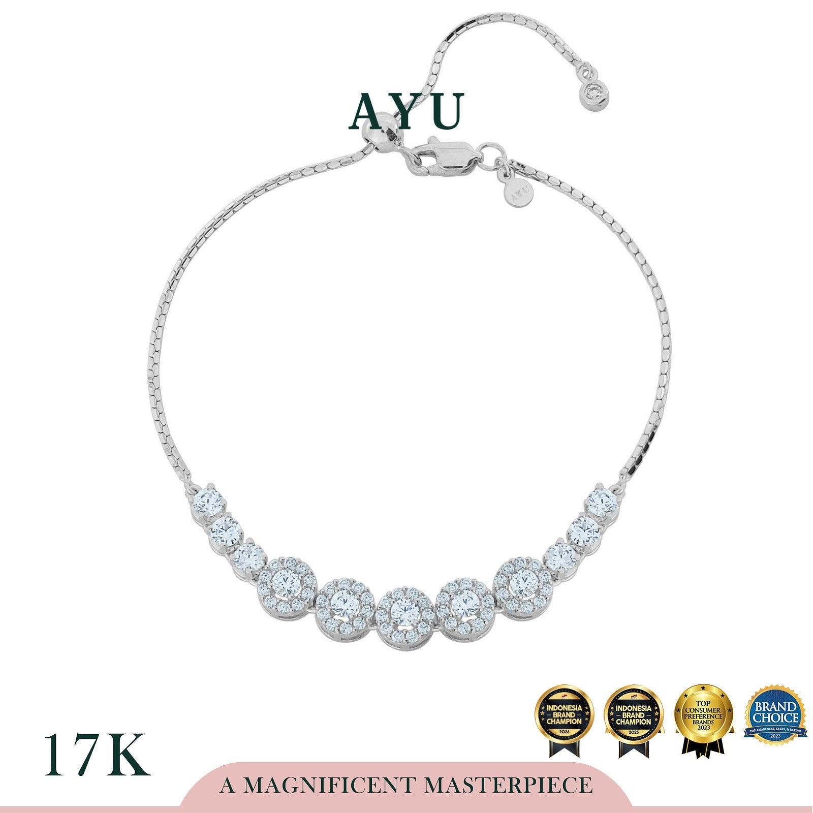 AYU Gelang Emas-Round Halo Adjustable Box Chain Bracelet 17k White Gold