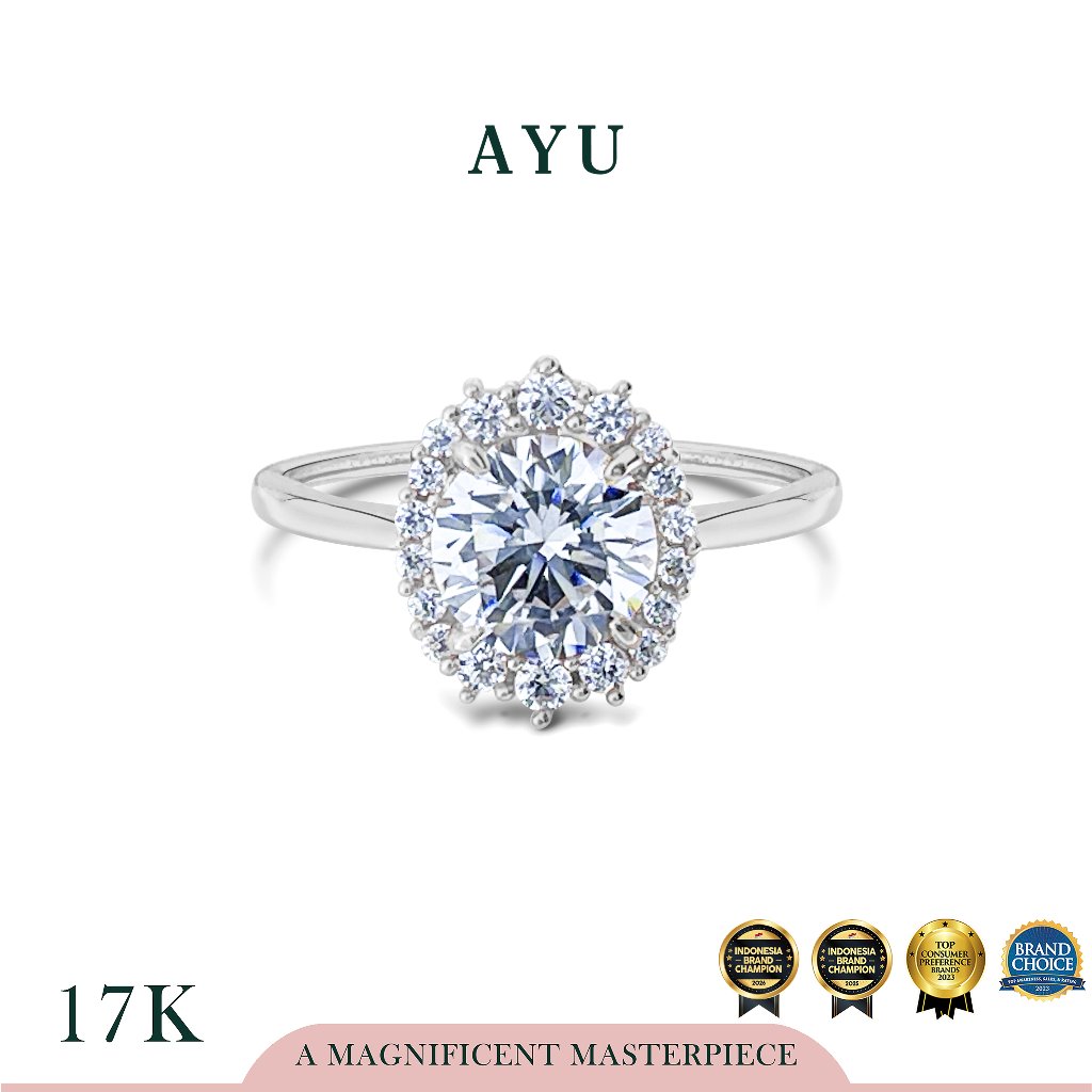 AYU Cincin Emas - Round Solitaire With Grecian Halo 17K White Gold