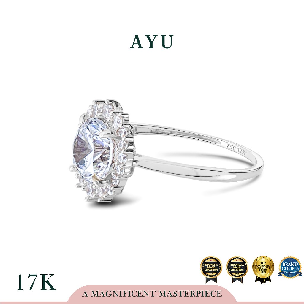 AYU Cincin Emas - Round Solitaire With Grecian Halo 17K White Gold