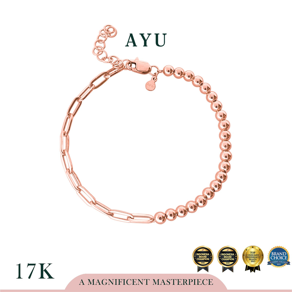 AYU Gelang Emas - Undecided Boba And Paper Clip Bracelet 17k Rose Gold