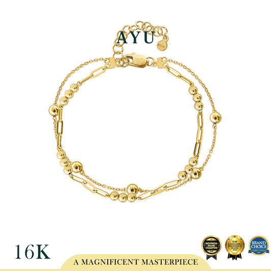 AYU Gelang Emas - Double Layer Boba Paper Clip Combo Bracelet 16k Yellow Gold