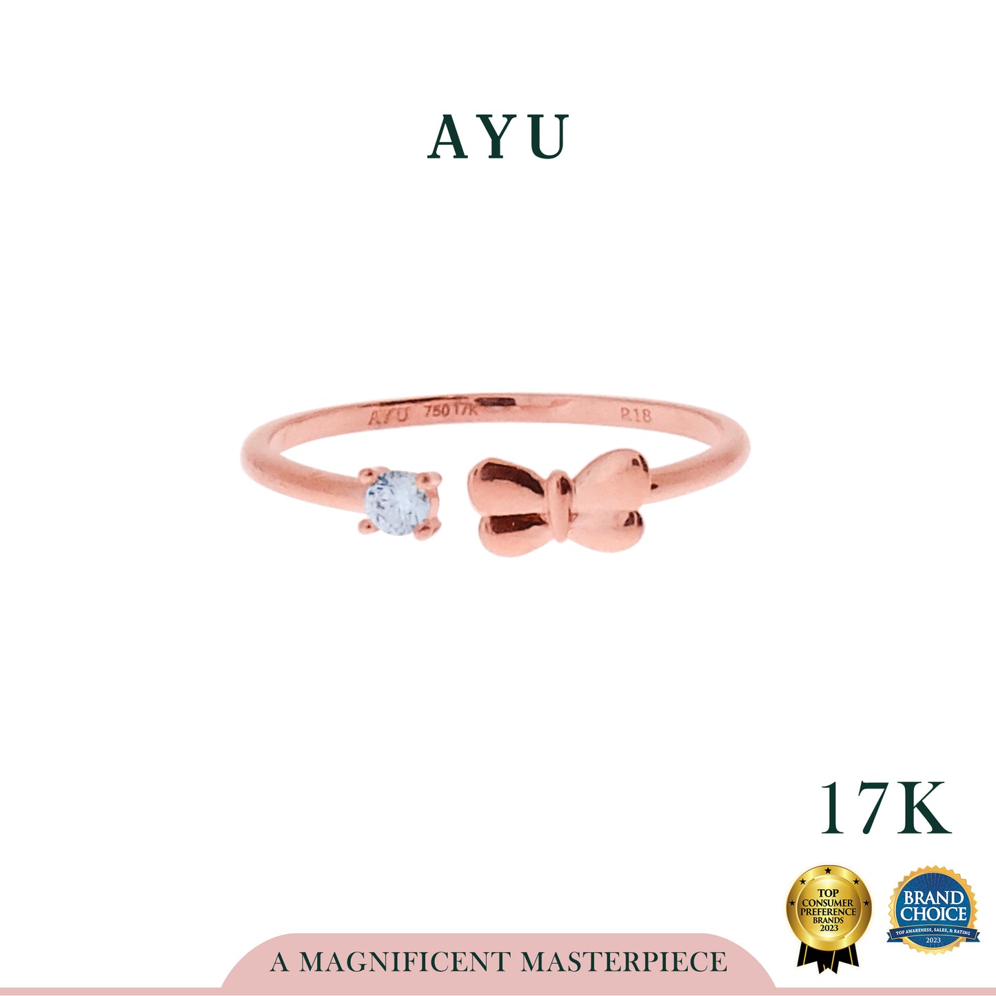 AYU Cincin Emas Korea - Butterfly Mini Solitaire Open Ring 17K Rose Gold