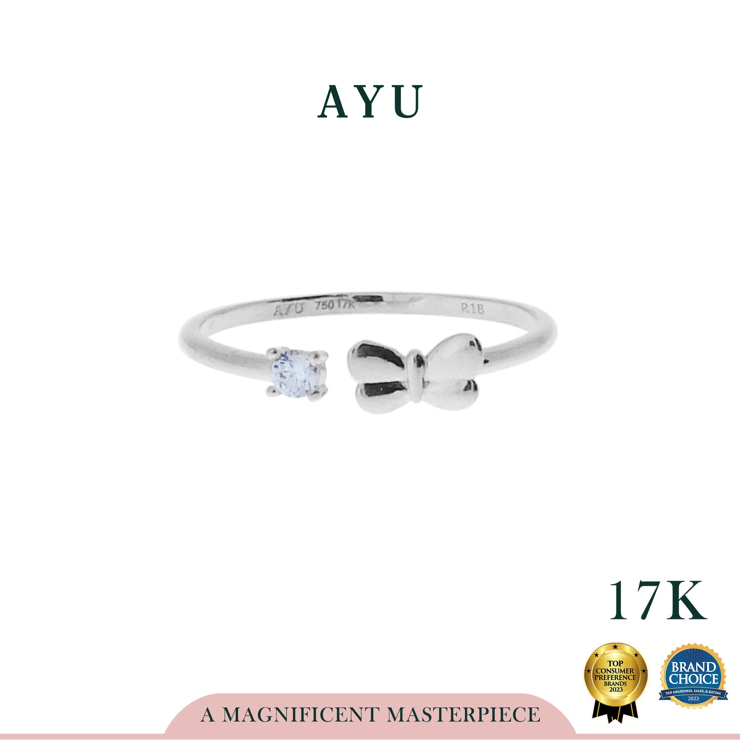 AYU Cincin Emas Korea - Butterfly Mini Solitaire Open Ring 17K White Gold