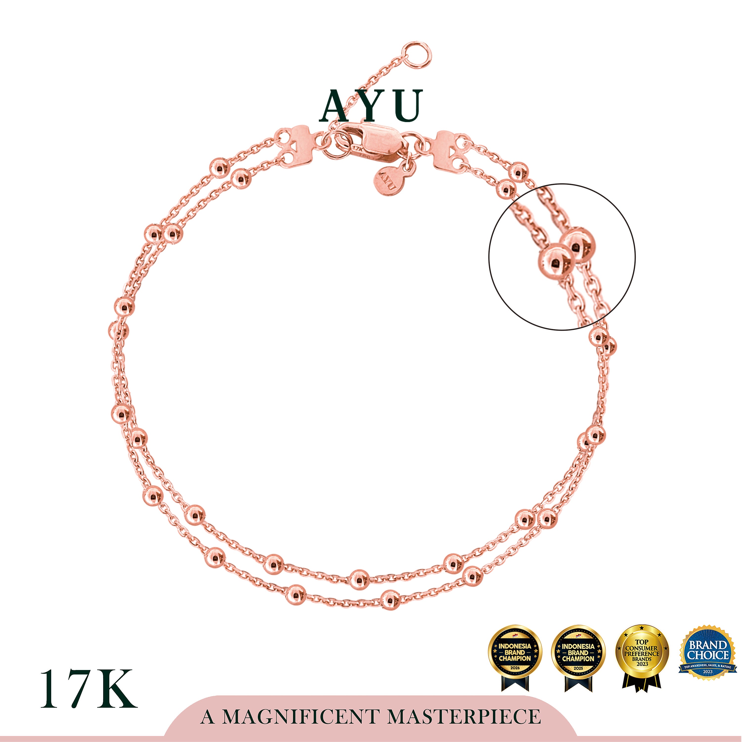 AYU Gelang Emas - Double Layer Spaced Mini Boba Bracelet 17k Rose Gold