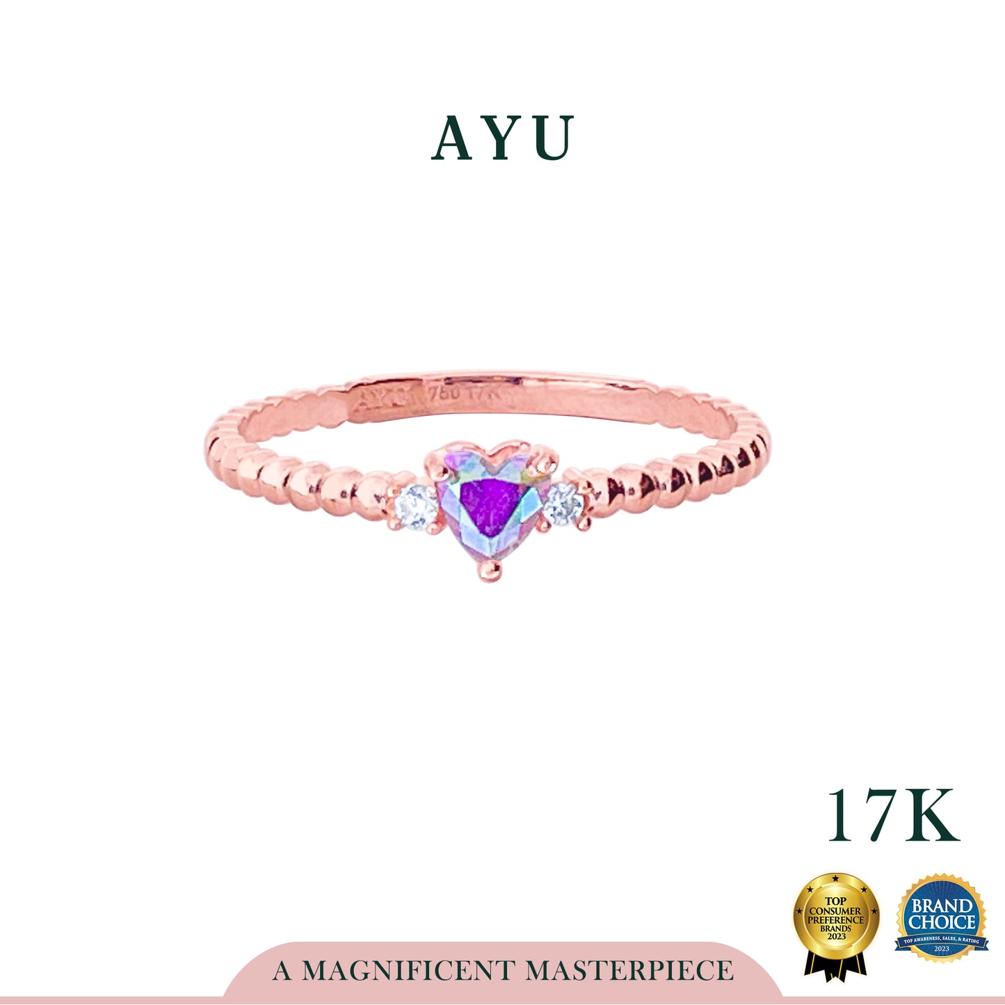 AYU Cincin Emas - Magical Heart With Pepper Beads Ring 17k Rose Gold
