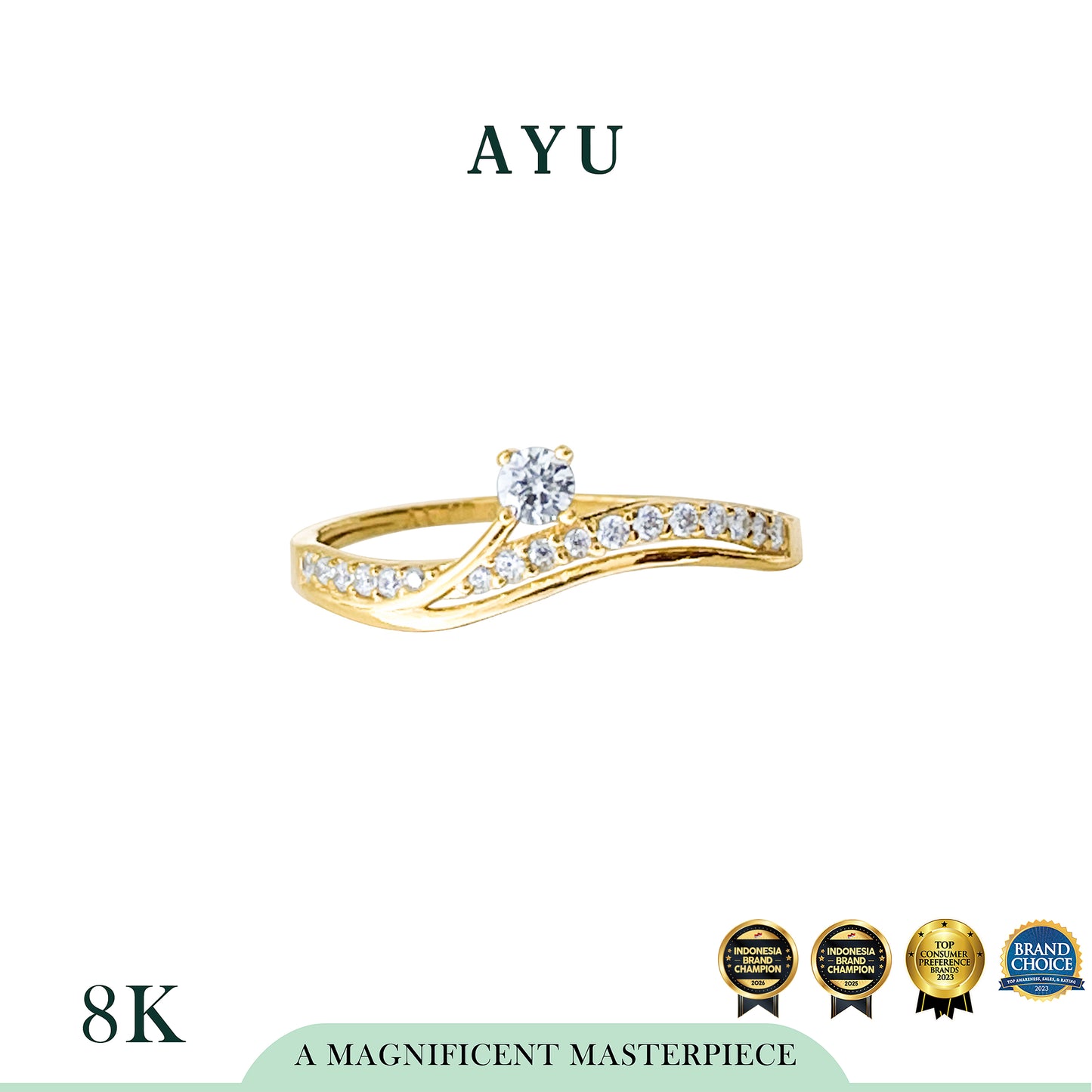 AYU Cincin Emas - Mini Solitaire Slow Pave Wave Ring 8k Yellow Gold