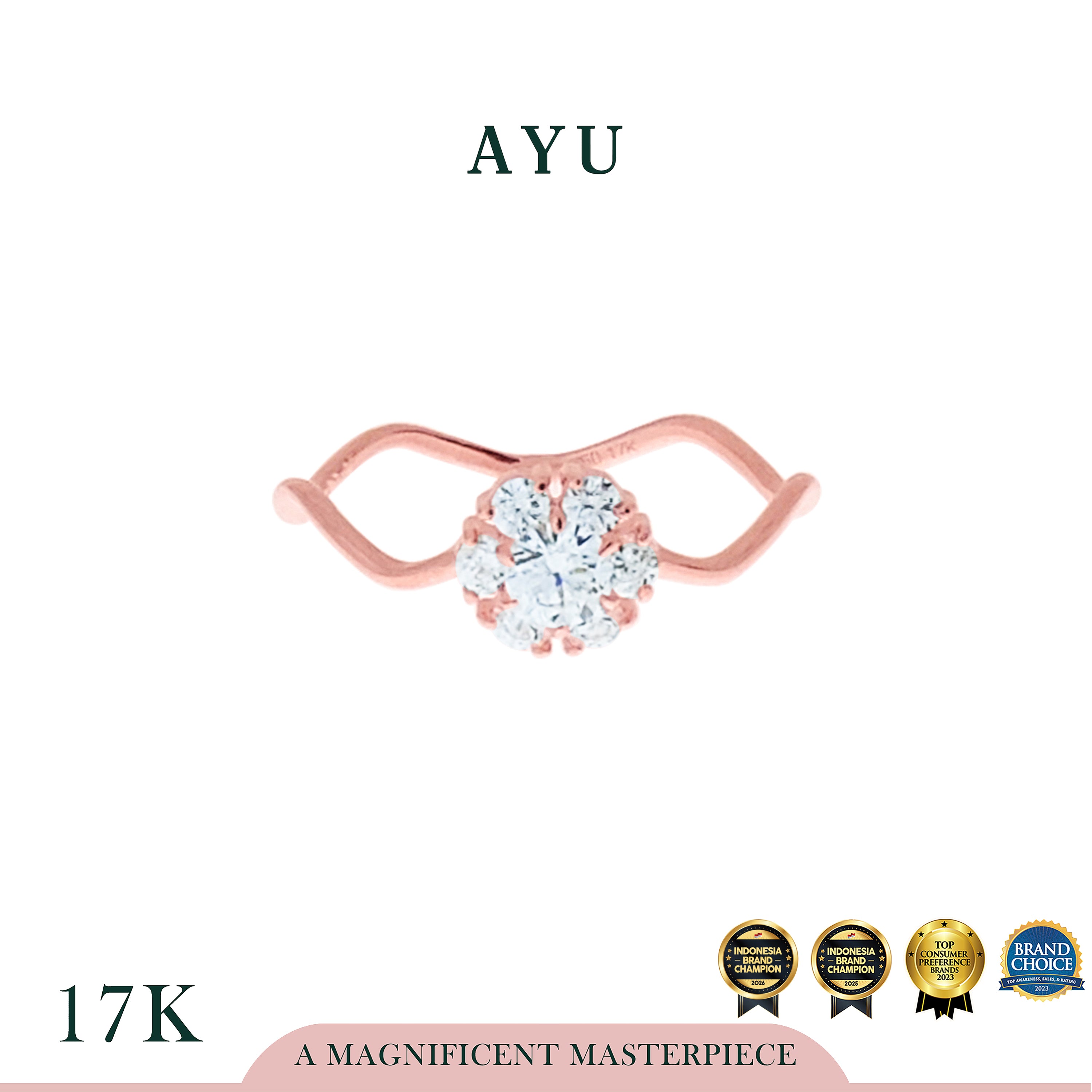 AYU Cincin Emas - Round Starburst Solitaire Wave Ring 17K Rose Gold
