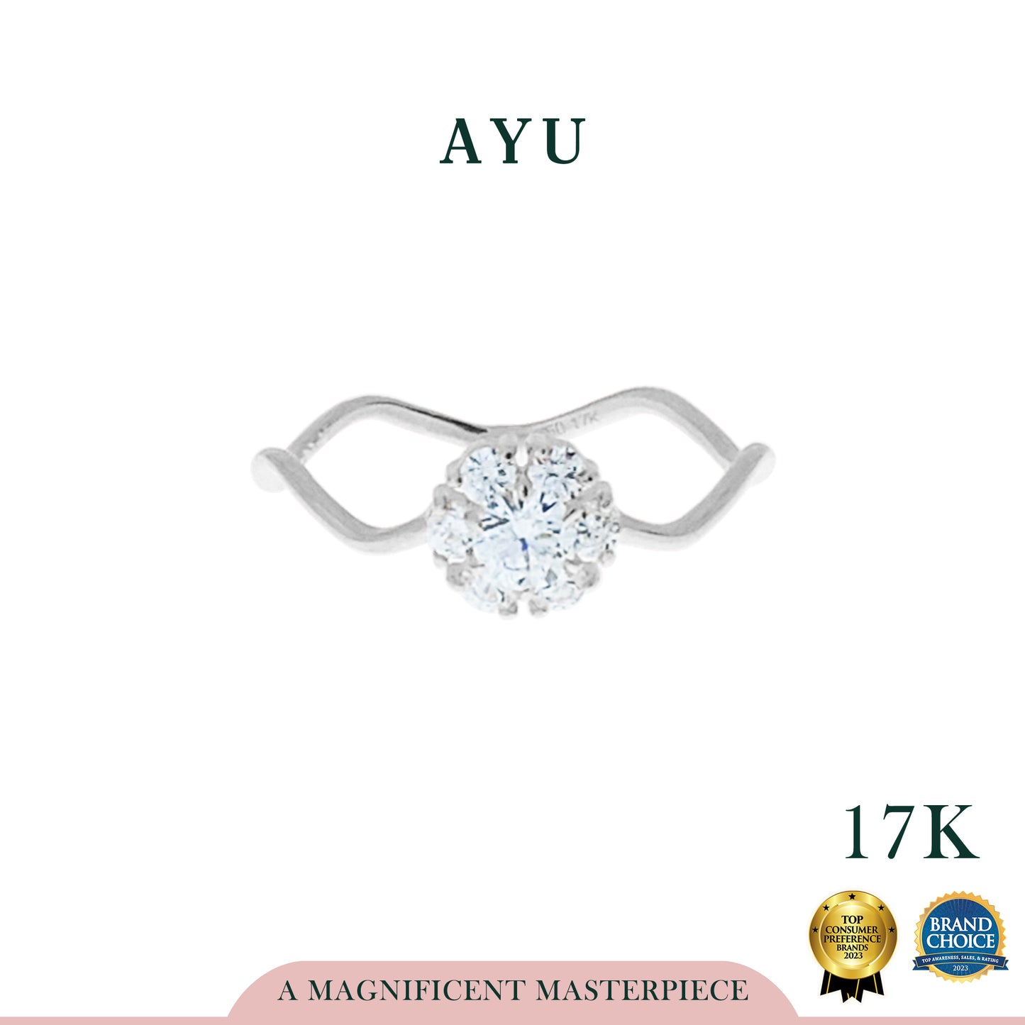 AYU Cincin Emas - Round Starburst Solitaire Wave Ring 17K White Gold