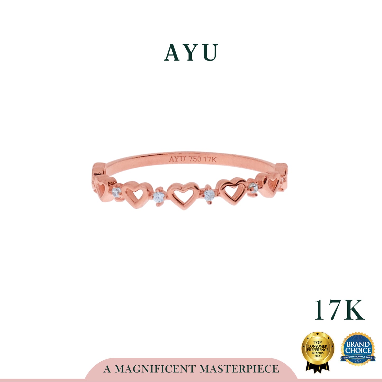 AYU Cincin Emas-Twinkling Mini Hearts Ring 17K Rose Gold