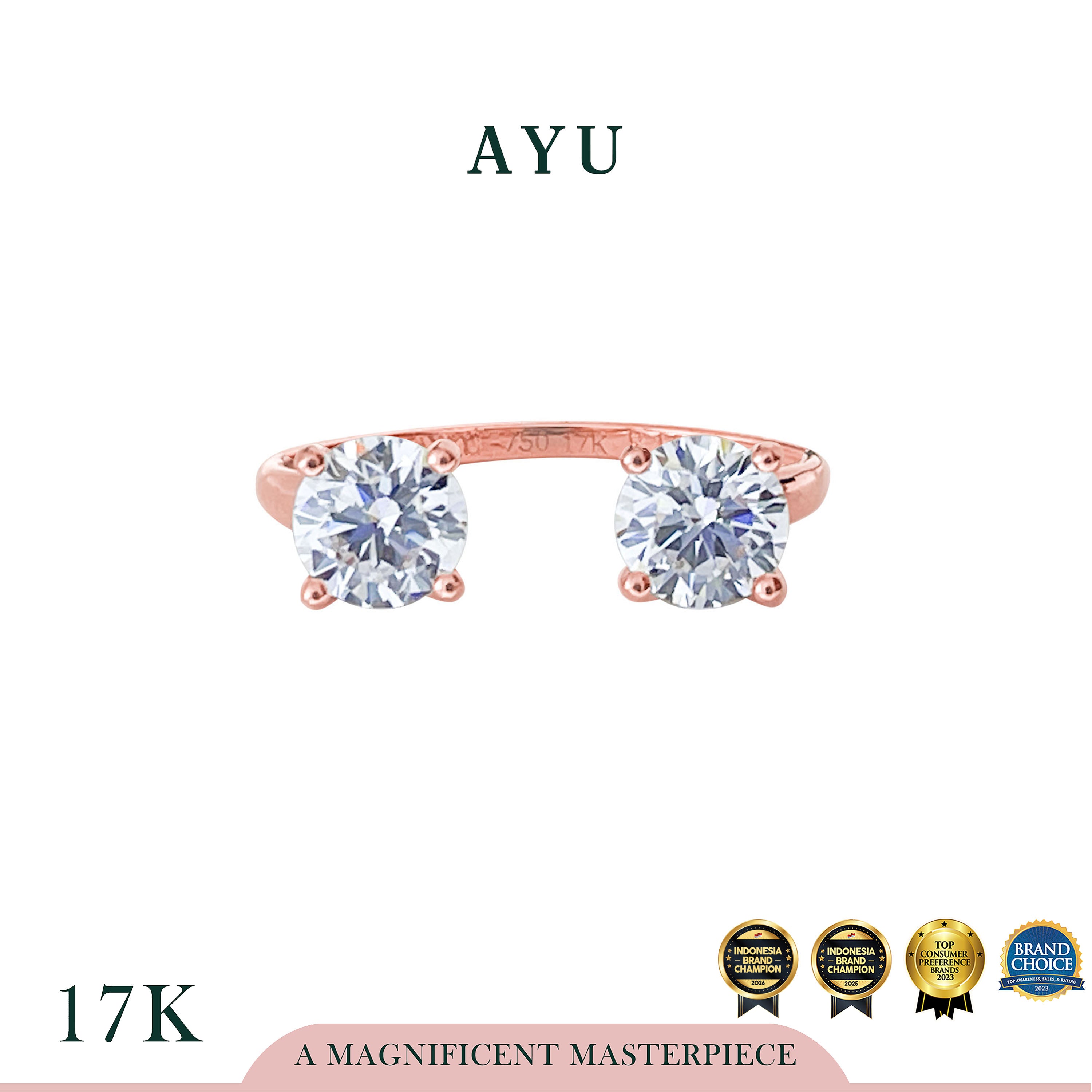 AYU Cincin Emas - Two Round Solitaires Open Ring 17k Rose Gold