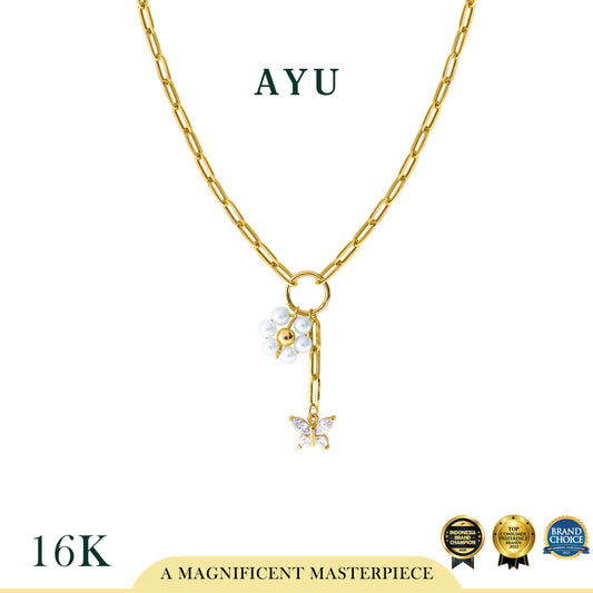 AYU Kalung Emas - Butterfly Pearly Secret Garden Chain Necklace 16k Yellow Gold