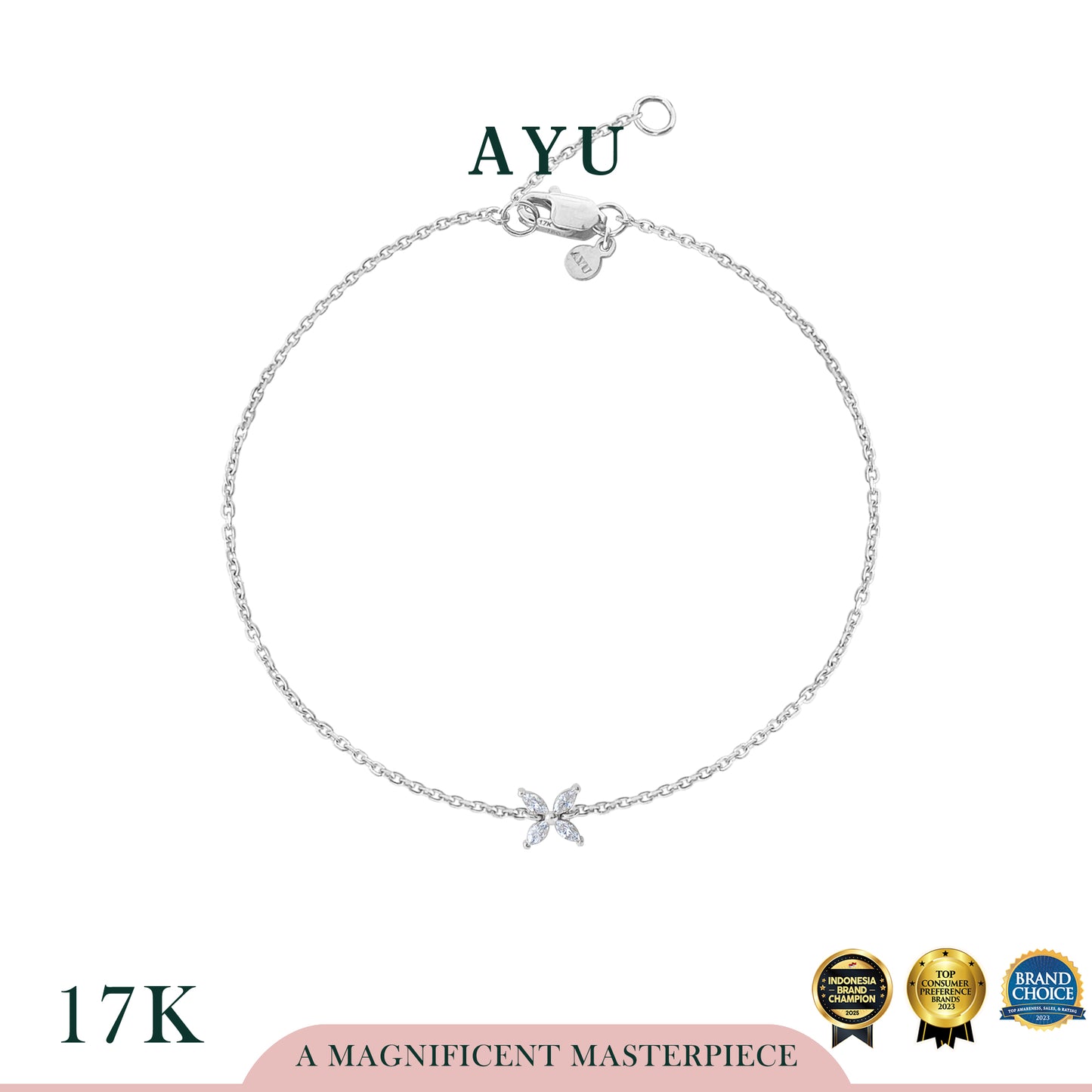 AYU Gelang Emas - Clover Marquise Chain Bracelet 17k White Gold