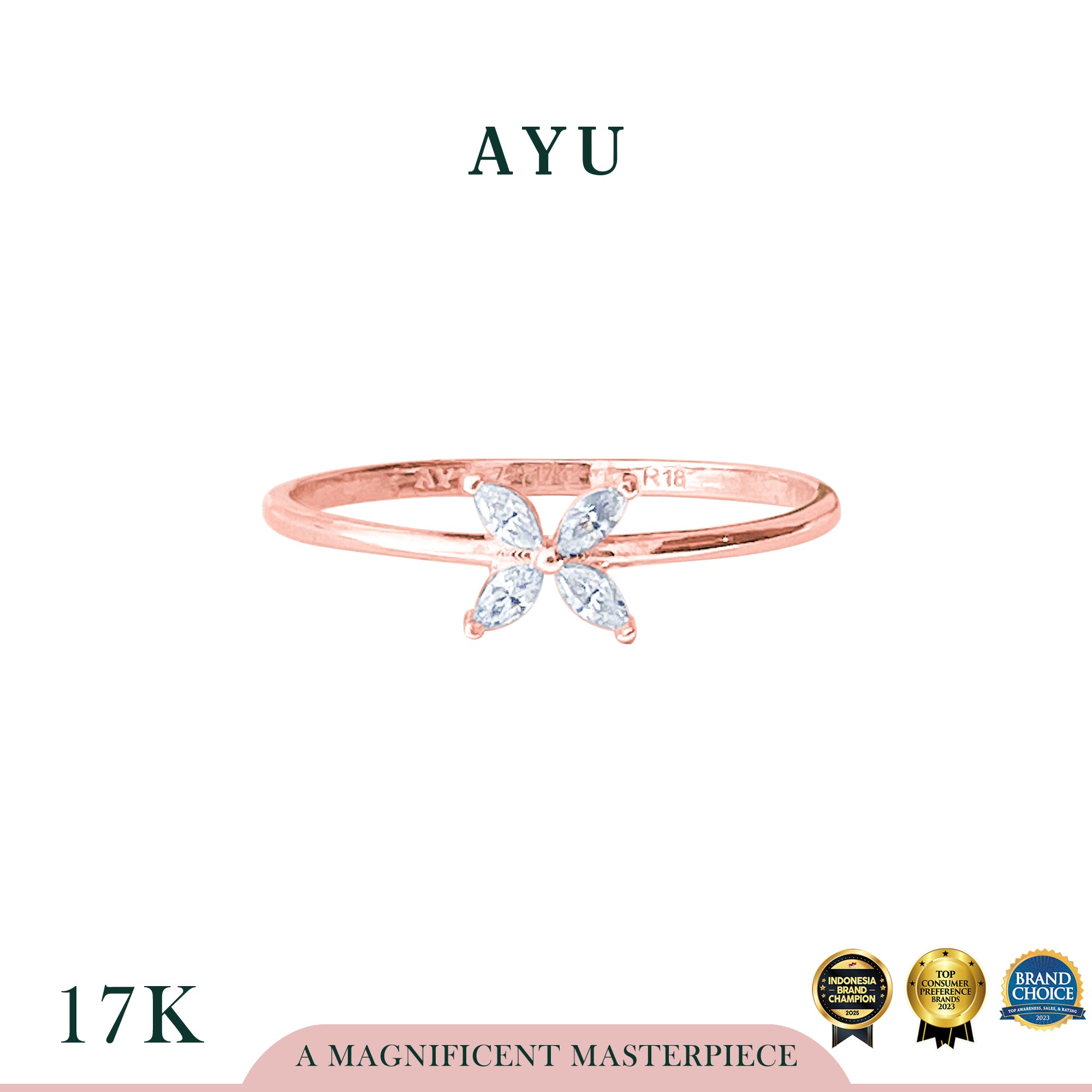 AYU Cincin Emas - Clover Marquise Ring 17k Rose Gold