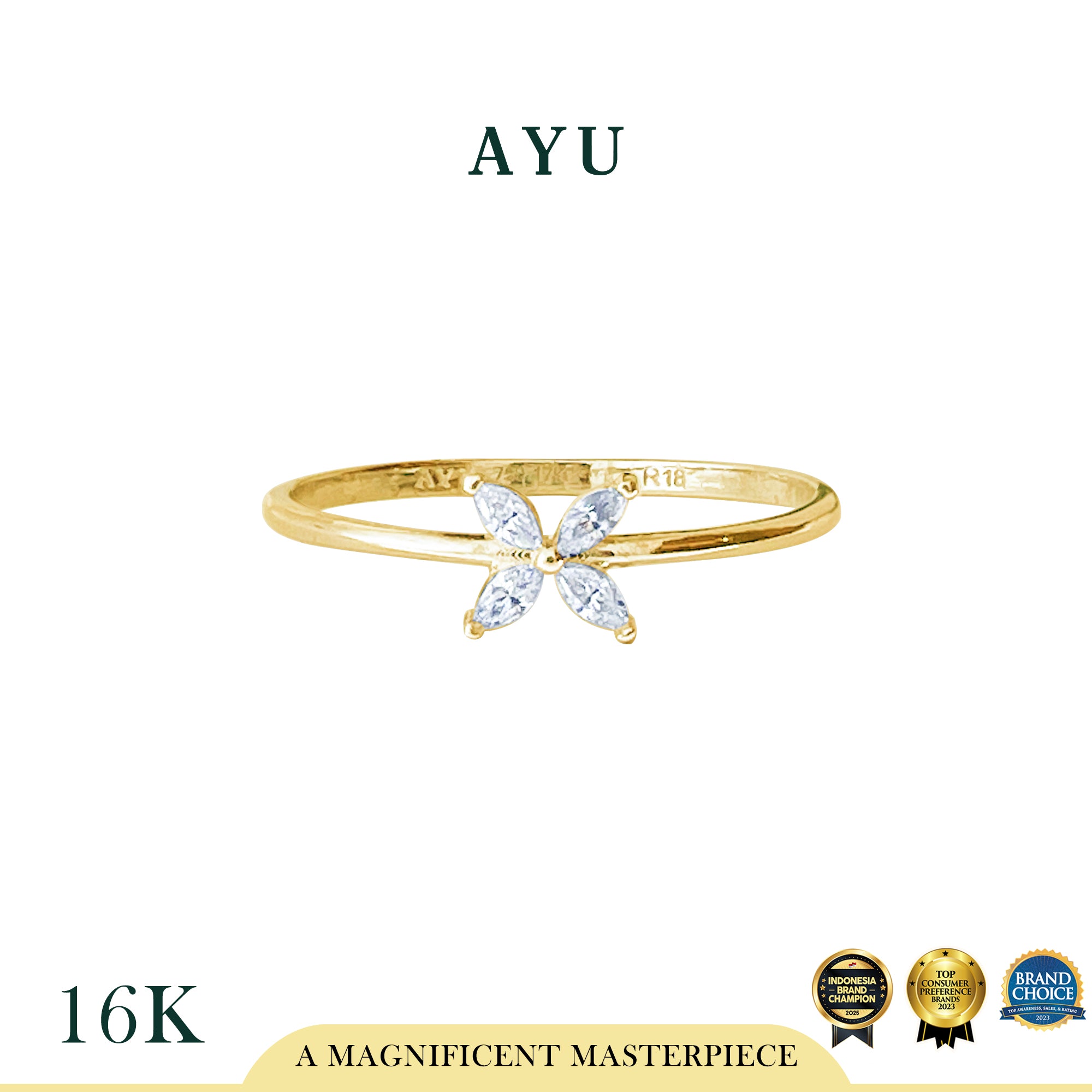 AYU Cincin Emas - Clover Marquise Ring 16k Yellow Gold