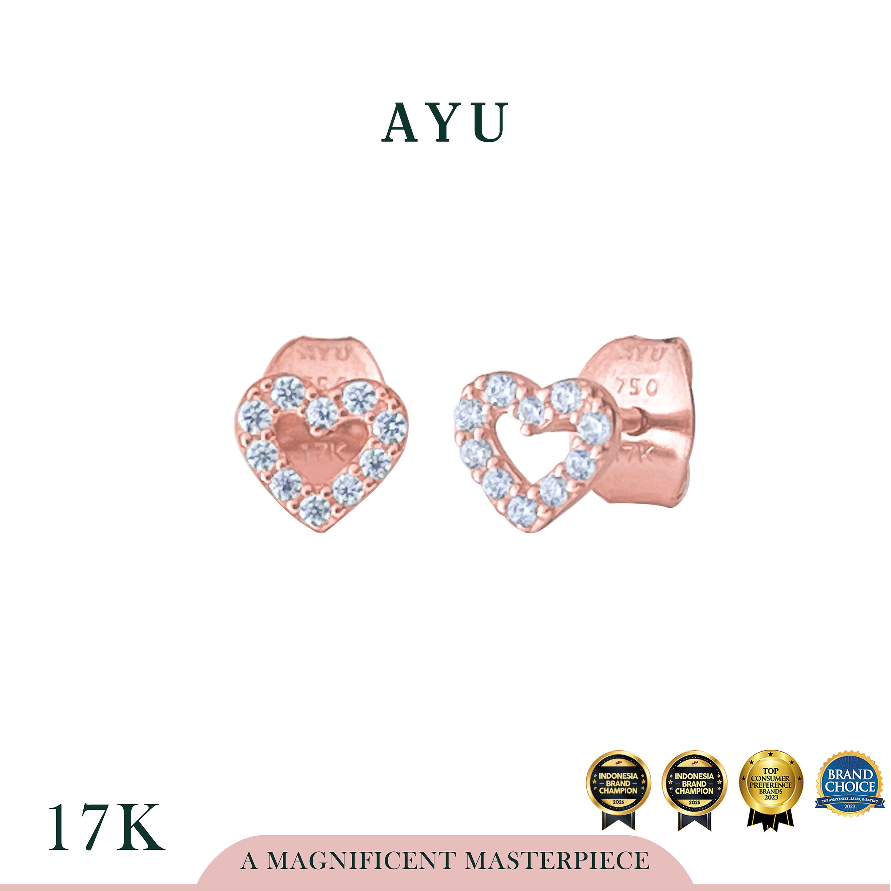 AYU Anting Emas - Mini Pave Heart Studs 17k Rose Gold