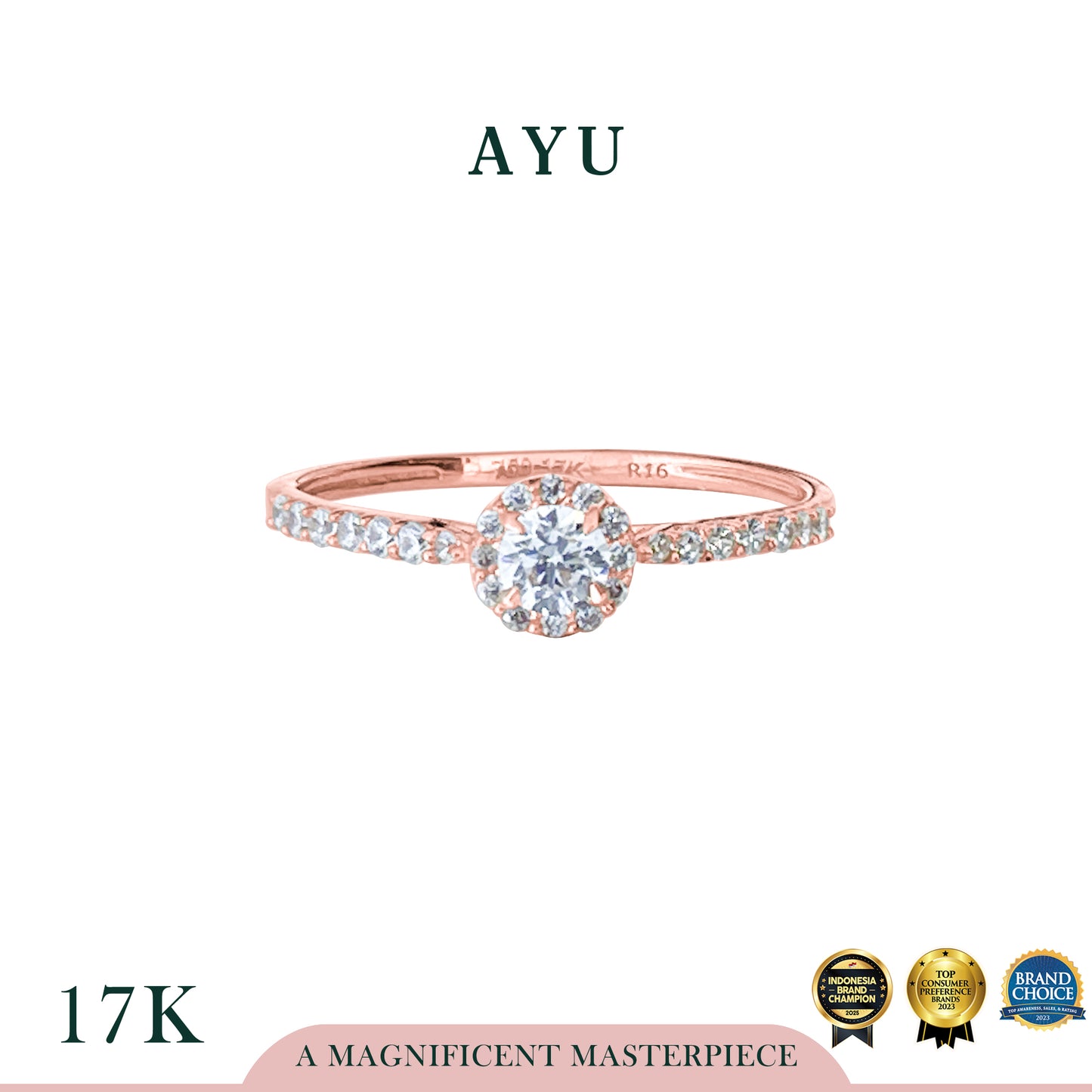 AYU Cincin Emas - Mini Round Halo Solitaire Pave Ring 17k Rose Gold