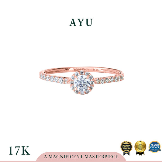 AYU Cincin Emas - Mini Round Halo Solitaire Pave Ring 17k Rose Gold
