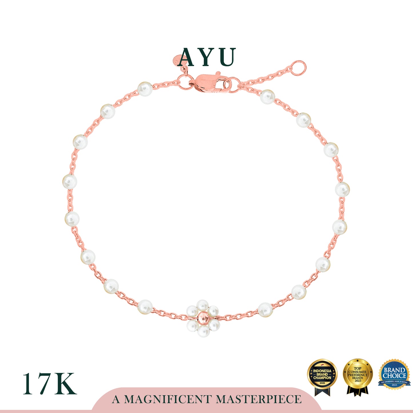 AYU Gelang Emas - Pearl Flower On Mini Pearl Bracelet 17k Rose Gold