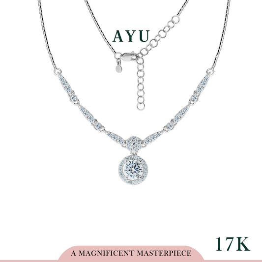 AYU Kalung Emas-Round Halo With Teardrop Pave Half Eternity Necklace 17k White Gold
