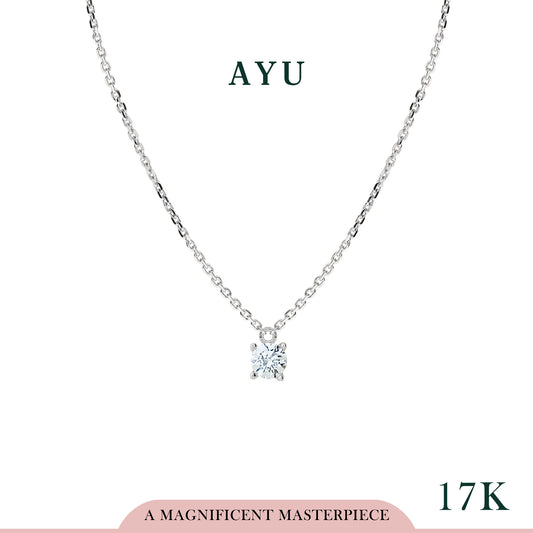 AYU Small 4 Prong Round Solitaire Chain Necklace 17k White Gold