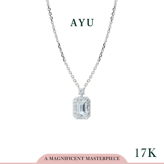 AYU Standing Emerald With Halo Chain Necklace 17k White Gold