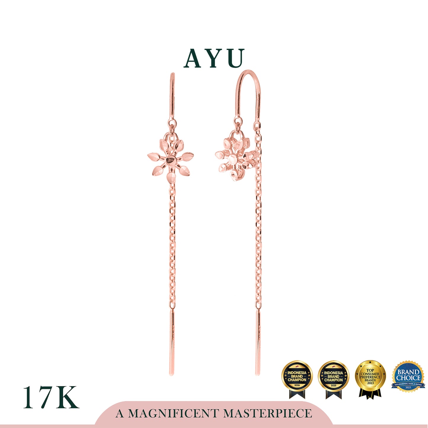 AYU Anting Emas - Twinkle Snowflake Chain Earrings 17k Rose Gold